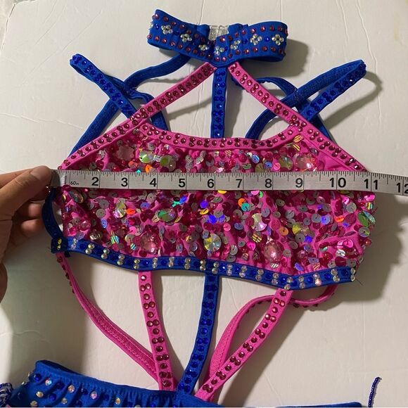 Glamour solo sassy dance costume blue pink embellished rhinestone fringe LC - Picture 10 of 13